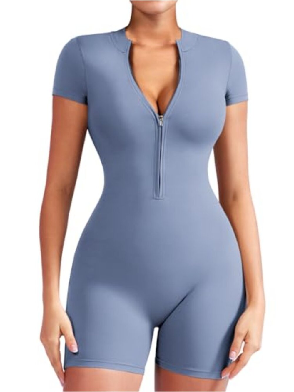 Women Workout Jumpsuit Zip Up Short Sleeve One Piece Bodysuit Romper